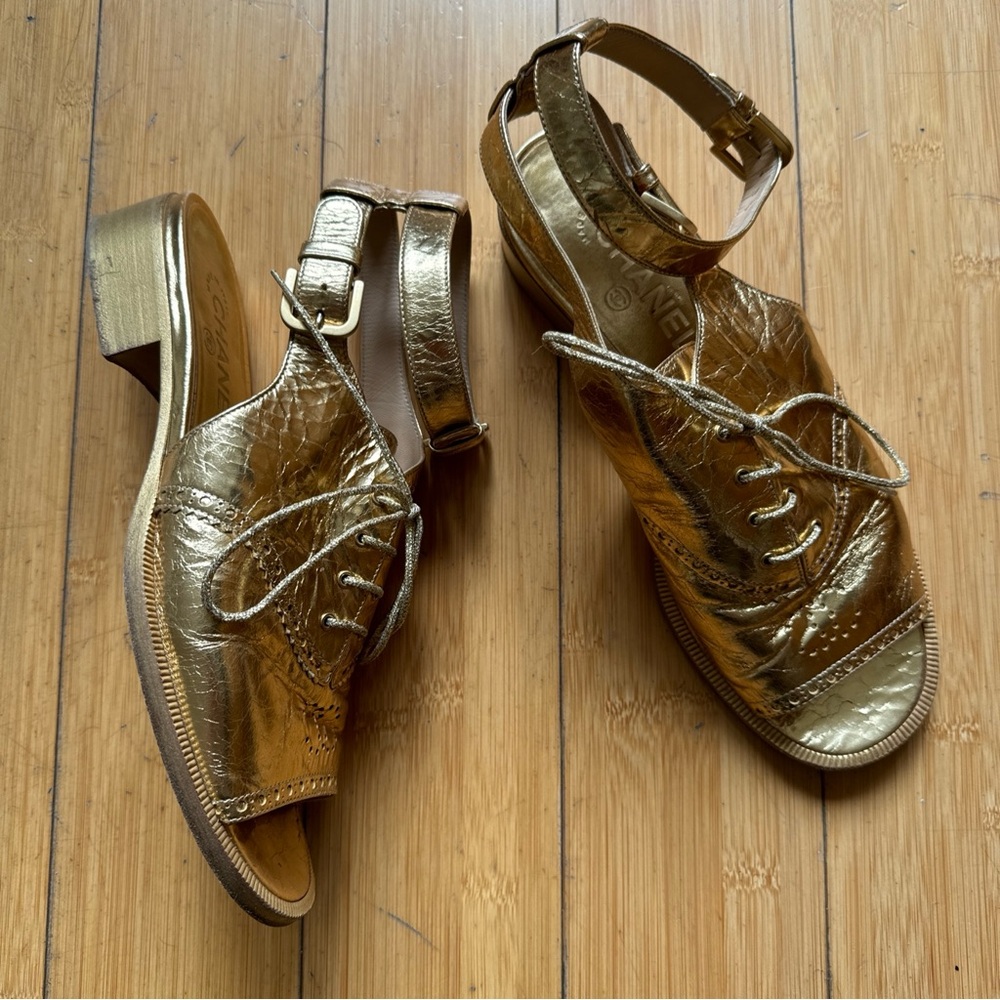 CHANEL Metallic Gold Leather Open-Toe Lace-Up Flats